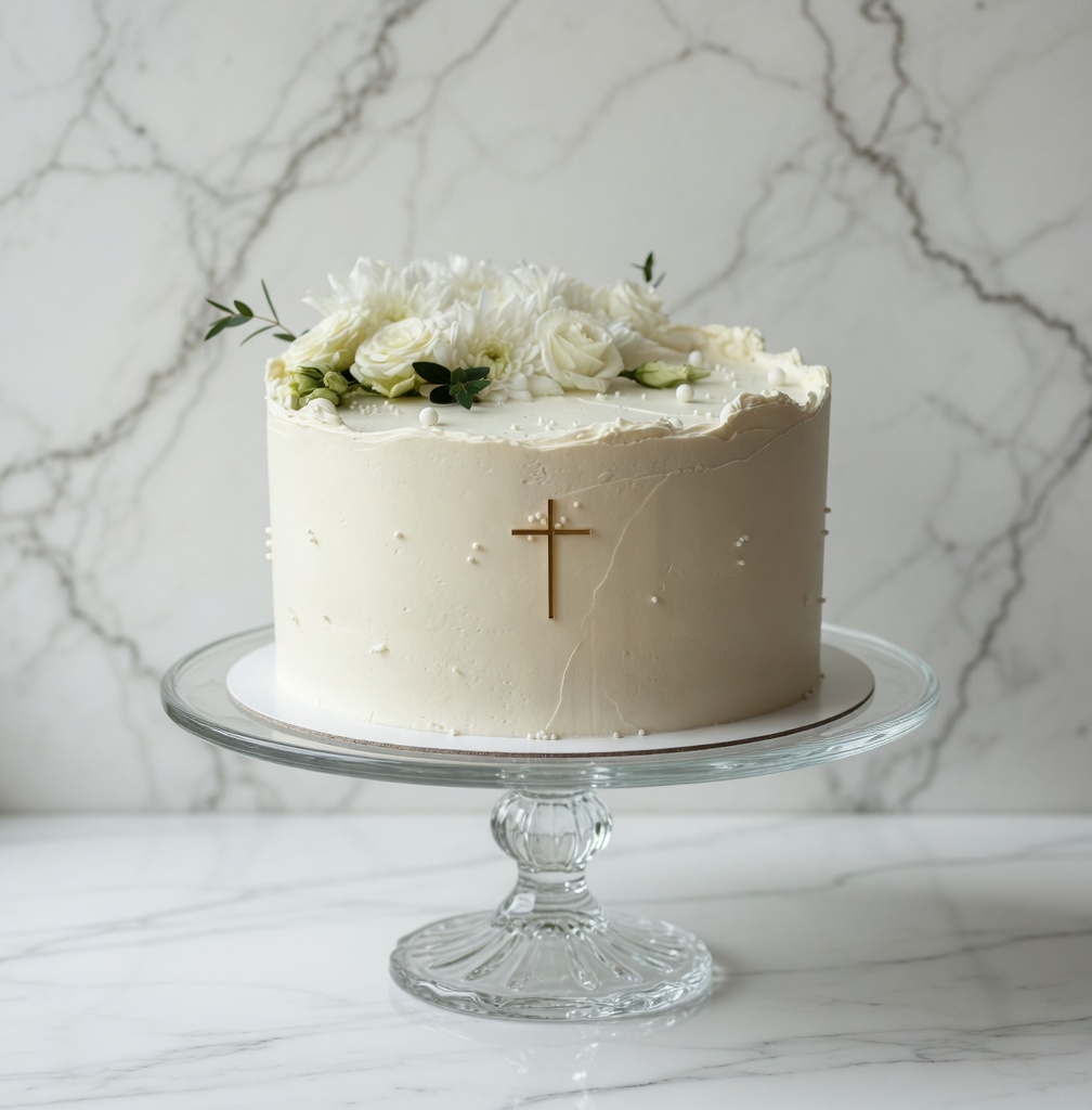 Krémová torta s bielymi kvetmi a zlatým krížikom